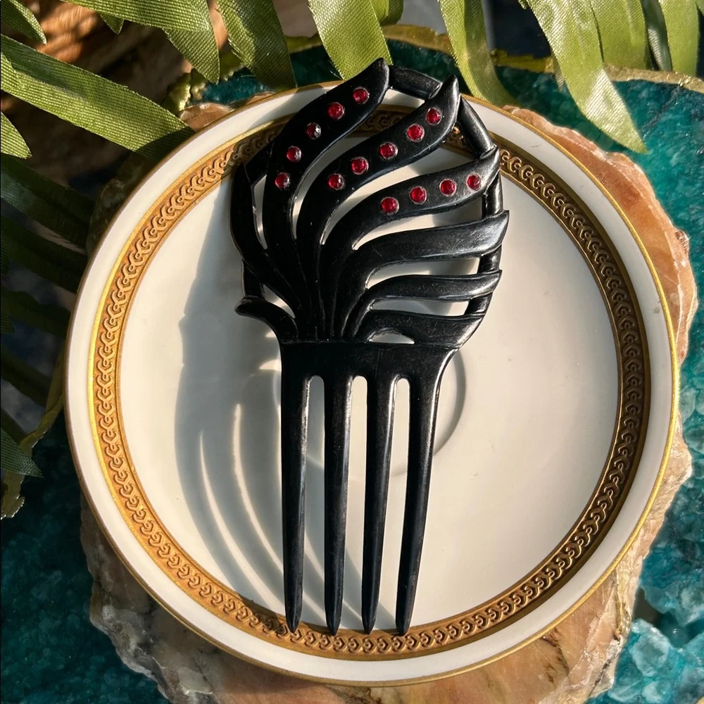 Vintage Black Celluloid Spanish Style Art Nouveau Hair Comb w Red Rhinestones